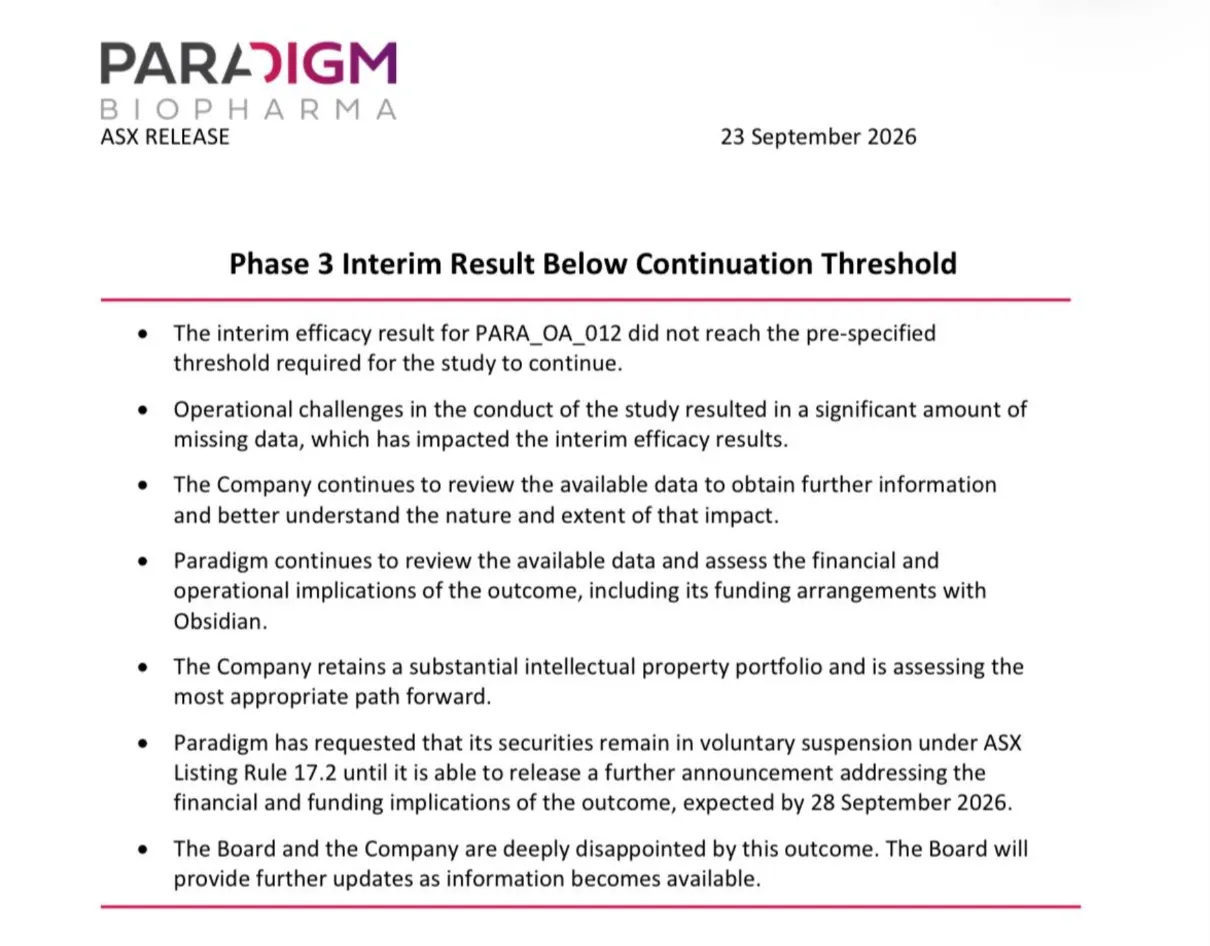 Paradigm Biopharma ASX announcement dated 23 September 2026 stating its Phase 3 trial’s interim results fell below the threshold required to continue, with missing data under review and shares remaining suspended.