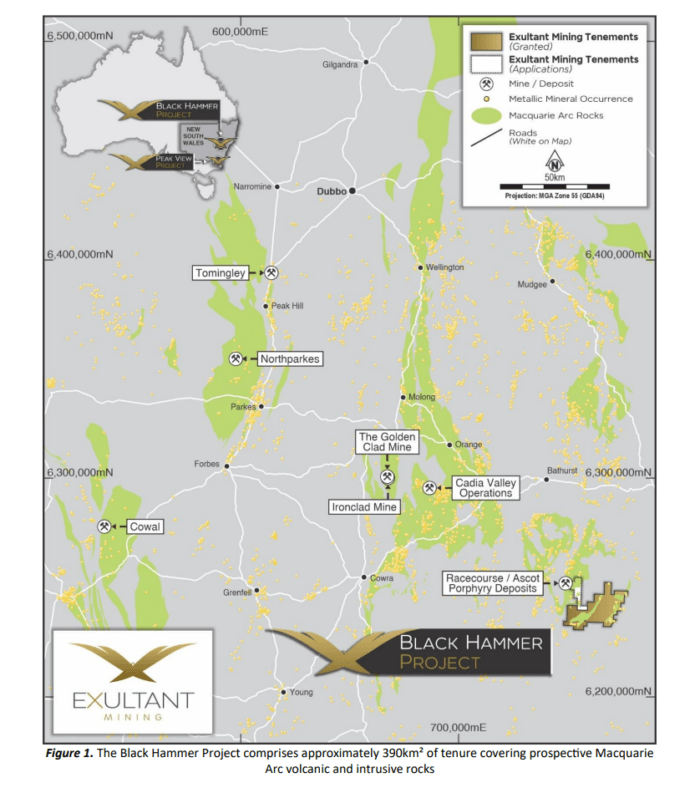 Map of Exultant Mining’s Black Hammer Project in NSW, showing tenements near major mines and Macquarie Arc geology.