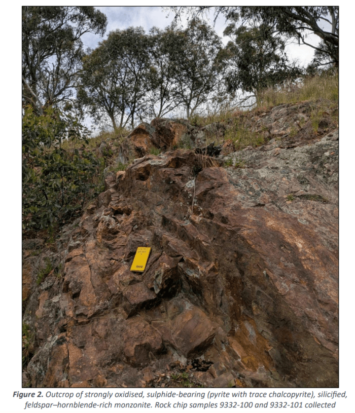 Strongly oxidised, sulphide-bearing monzonite outcrop with pyrite and trace chalcopyrite mineralisation.