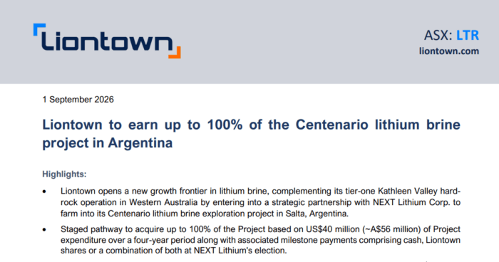 Liontown announces a pathway to earn up to 100% of the Centenario lithium brine project in Argentina.