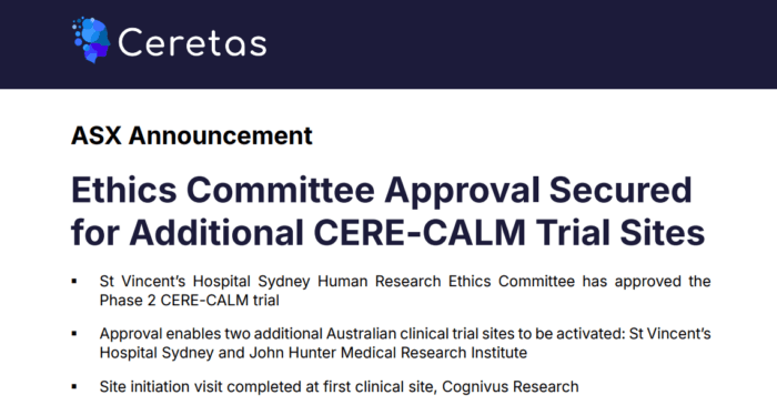 Ceretas secures ethics approval for additional Australian sites in its Phase 2 CERE-CALM clinical trial.