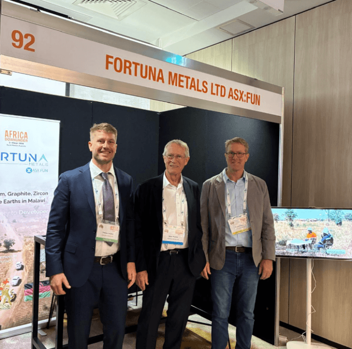 Three representatives at the Fortuna Metals ASX:FUN booth during the Africa Down Under mining conference.