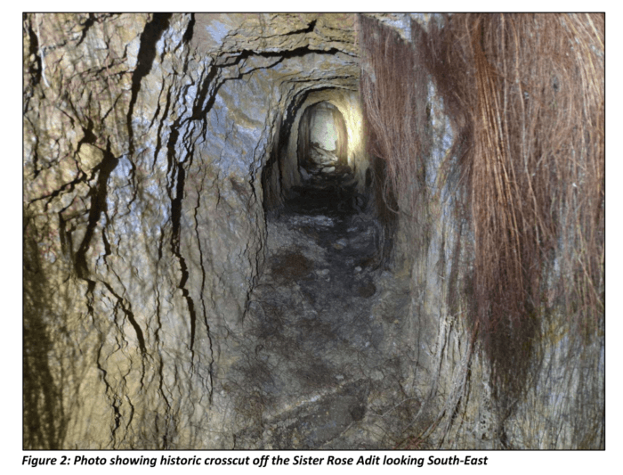 Historic underground crosscut at the Sister Rose Adit, showing a narrow rock tunnel extending south-east.