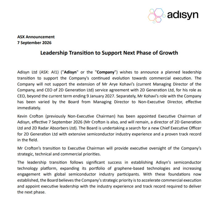 Adisyn announces a leadership transition, appointing Kevin Crofton Executive Chairman and commencing a search for a new CEO.