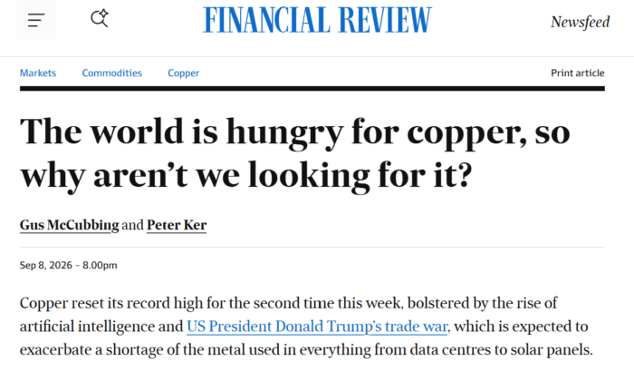 Australian Financial Review reports record-high copper prices as AI demand and supply shortages tighten the market.