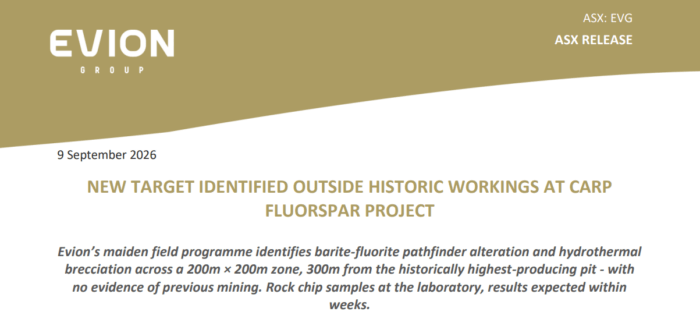 Evion identifies a new 200m × 200m target at the Carp Fluorspar Project, 300m from historic workings.