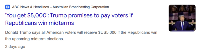 ABC News headline reports Trump promising US$5,000 to American voters if Republicans win the midterm elections.