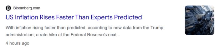 Bloomberg headline reports US inflation rising faster than forecast, increasing expectations of a potential Federal Reserve rate hike.