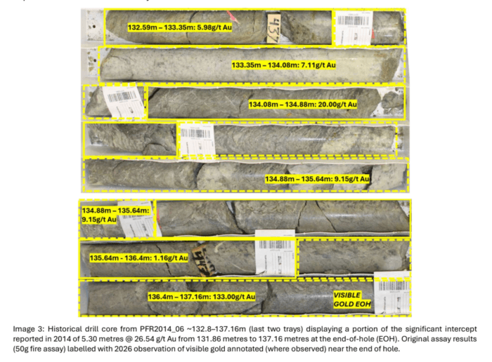 Historical drill core showing high-grade gold intervals, including 133g/t Au at 136.4–137.16m with visible gold.