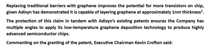 Adisyn says graphene barriers could enable more transistors per chip, supported by its 1nm graphene layering technology.