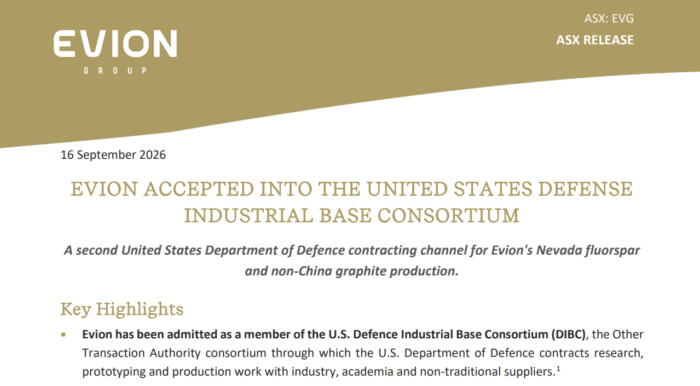 Evion Group joins the U.S. Defence Industrial Base Consortium, opening another defence contracting channel for its minerals.