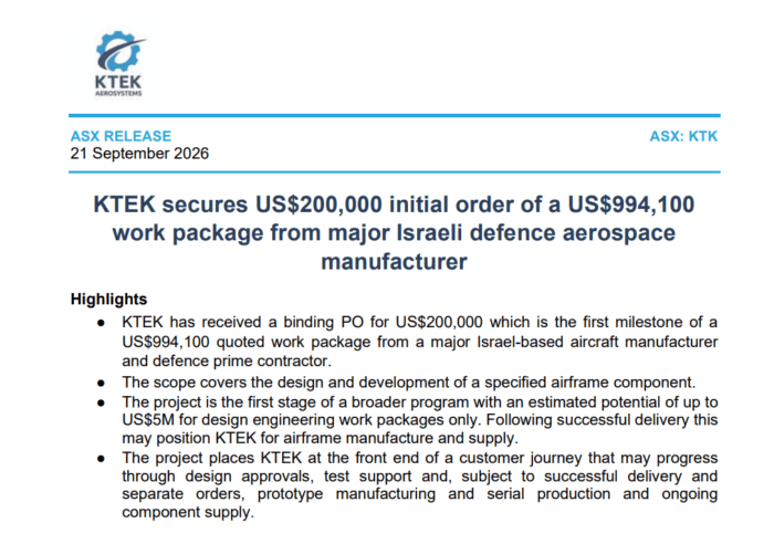 KTEK secures a US$200,000 initial order within a US$994,100 work package from a major Israeli defence aerospace manufacturer.