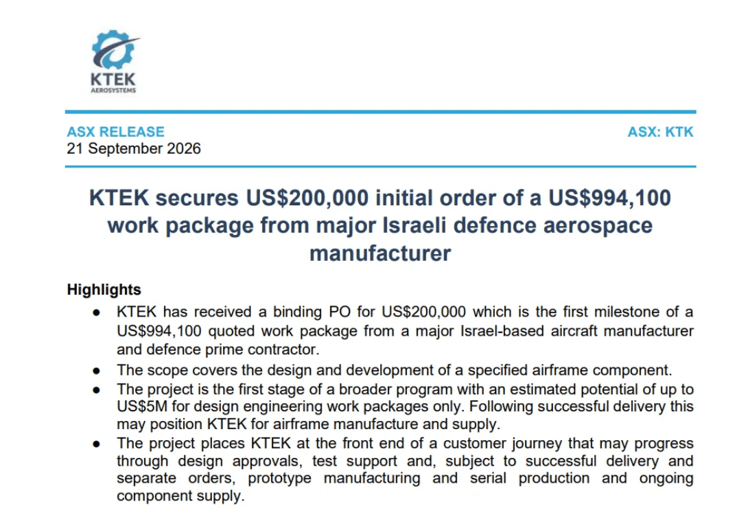 KTEK Aerosystems ASX announcement dated 21 September 2026 reporting a US$200,000 initial order within a US$994,100 airframe design package from a major Israeli defence aerospace manufacturer.