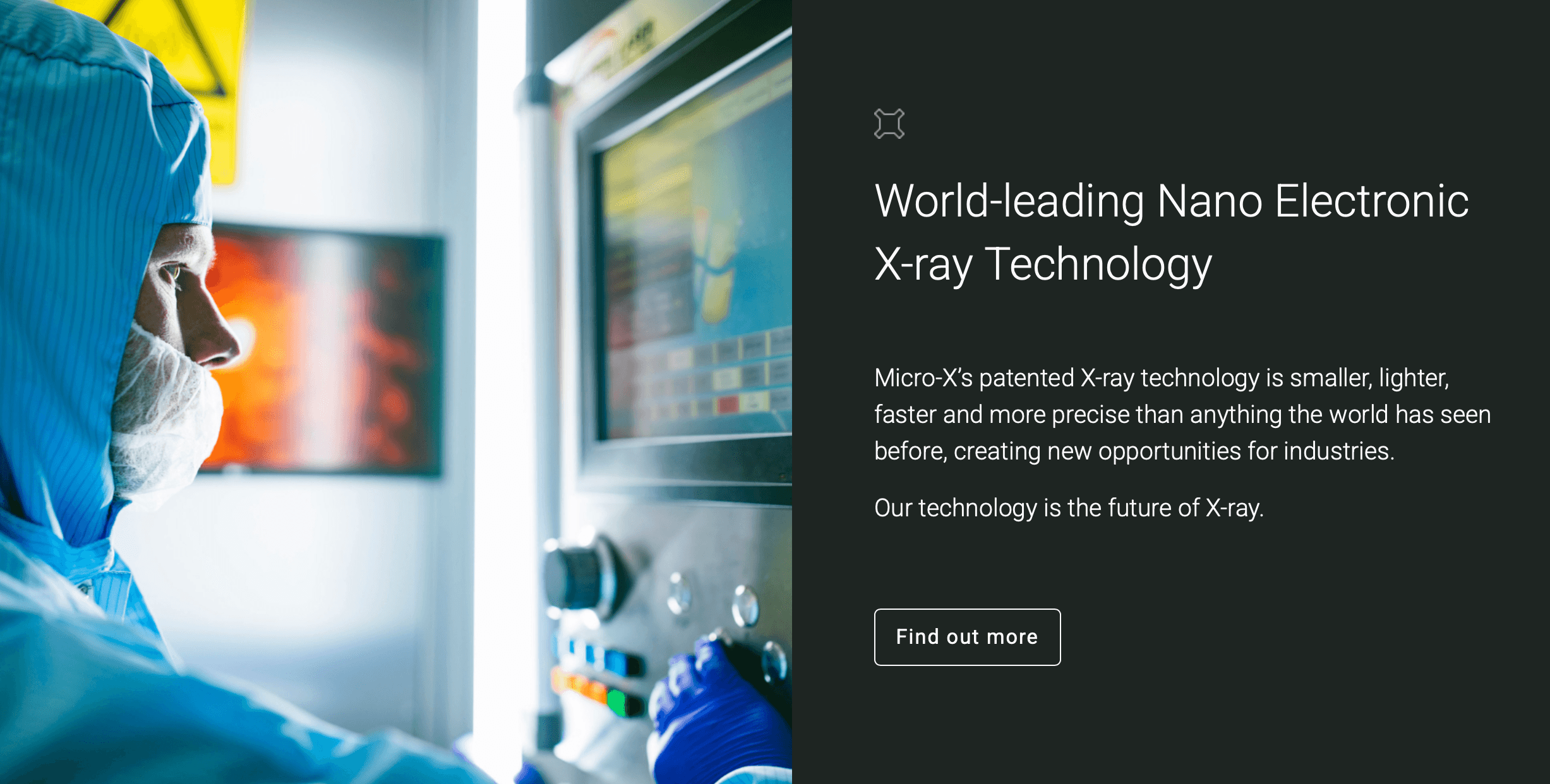 Micro-X website showing a technician in blue protective clothing operating equipment beside text promoting its patented nano electronic X-ray technology.