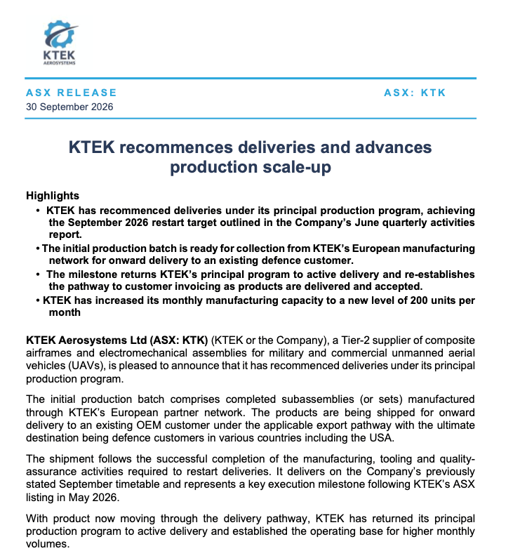 KTEK Aerosystems ASX announcement dated 30 September 2026 confirming deliveries have restarted, the initial production batch is ready for collection, and monthly manufacturing capacity has increased to 200 units.