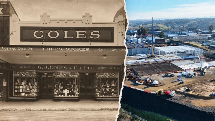 Historic Coles storefront shown beside a modern supermarket construction site, highlighting the company’s evolution.