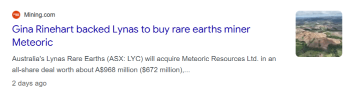 Mining.com reports Lynas will acquire Meteoric Resources in an all-share rare earths deal worth about A$968 million.