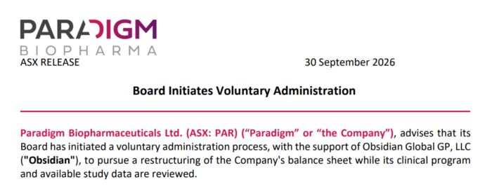 Paradigm Biopharmaceuticals initiates voluntary administration to restructure its balance sheet while reviewing its clinical program.