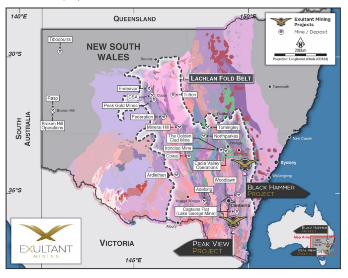 Map of NSW’s Lachlan Fold Belt showing major mines and Exultant Mining’s Black Hammer and Peak View projects.