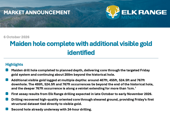 Elk Range Mining ASX announcement of October 6, 2026: maiden hole complete with additional visible gold identified at the Friday Gold Project.