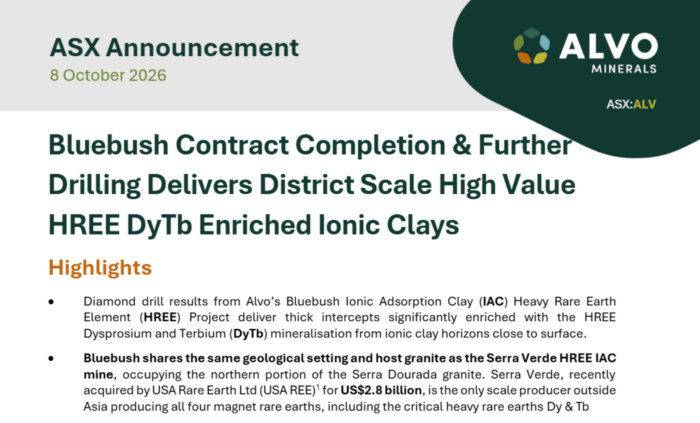 Alvo Minerals announces Bluebush drilling results revealing near-surface ionic clays enriched in dysprosium and terbium.