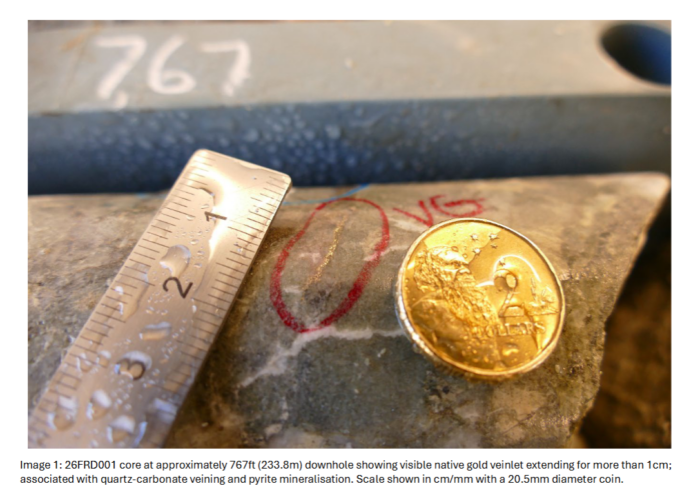 Close-up of drill core from Elk Range’s 26FRD001 hole at 233.8m, showing a visible gold veinlet beside a ruler and coin.