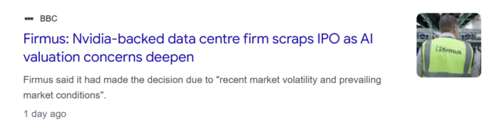 BBC headline reports Nvidia-backed Firmus scrapping its IPO amid AI valuation concerns and market volatility.
