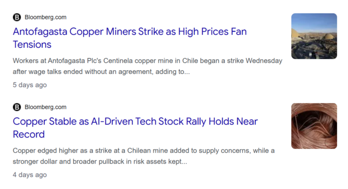 Two Bloomberg headlines cover a strike at Antofagasta’s Chilean copper mine and copper prices holding near record highs.