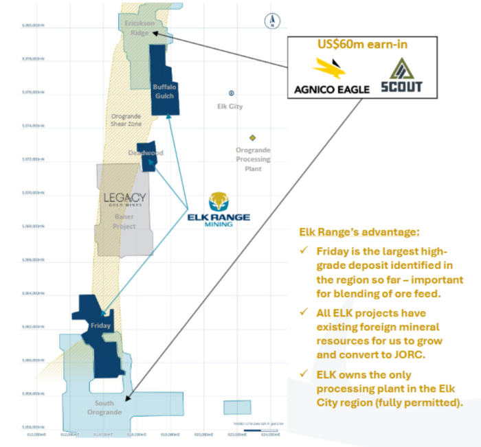 Map of Elk Range Mining’s Idaho projects, highlighting Friday, Buffalo Gulch and Deadwood alongside Scout’s US$60m Agnico earn-in.