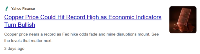 Yahoo Finance reports copper prices nearing record highs as bullish economic indicators and mining disruptions support the market.