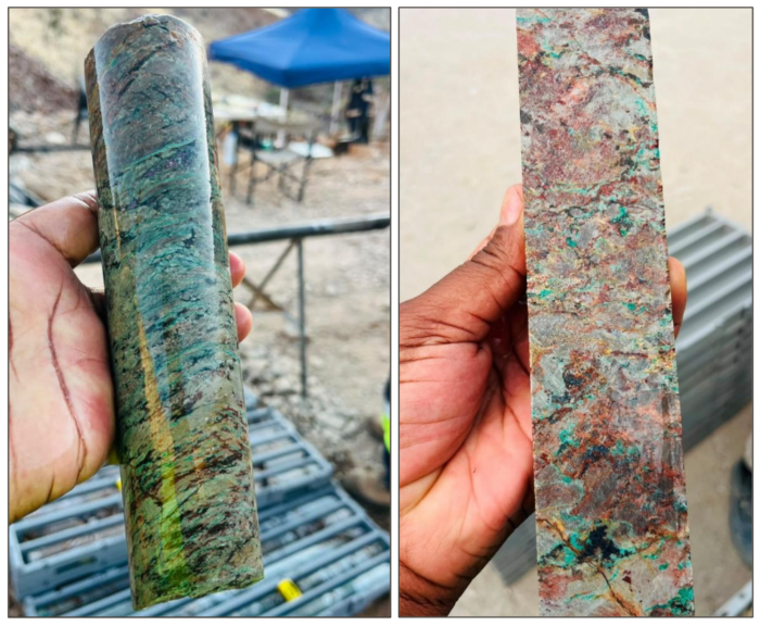 Two close-up photographs of drill core showing extensive green and blue copper mineralisation within fractured, reddish-grey rock.
