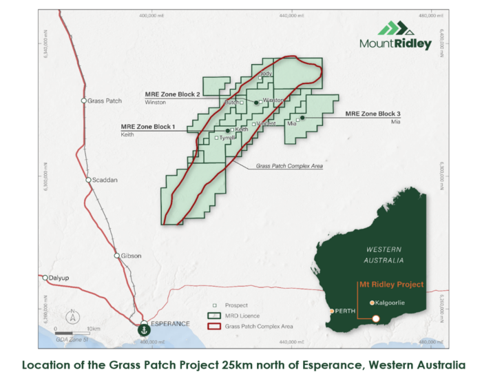 Map of Mount Ridley’s Grass Patch Project, 25km north of Esperance, showing mineral licences and three resource zones.