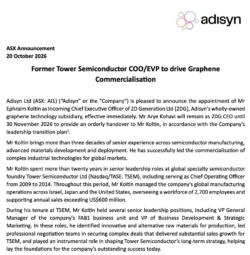 Adisyn’s ASX announcement dated 20 October 2026 appointing former Tower Semiconductor COO Ephraim Koltin as incoming CEO of its graphene subsidiary, 2D Generation.