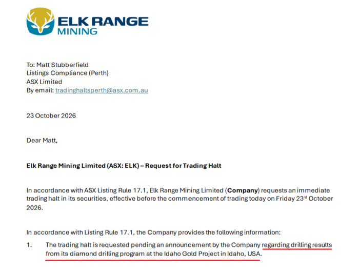 Elk Range Mining requests an ASX trading halt on 23 October 2026, pending diamond drilling results from its Idaho Gold Project.