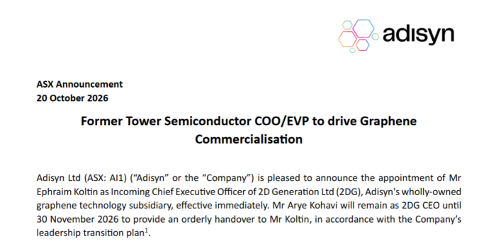 Adisyn appoints former Tower Semiconductor executive Ephraim Koltin as incoming CEO of 2D Generation to drive graphene commercialisation.