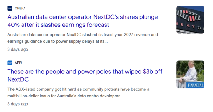CNBC and AFR headlines report NextDC shares plunging 40% and $3 billion in value wiped out amid power supply delays.