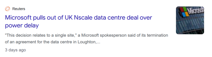 Reuters headline reports Microsoft withdrawing from a UK Nscale data centre deal due to power supply delays.