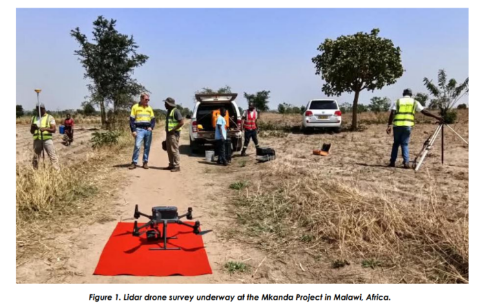 Field crew conducting a LiDAR drone survey at Fortuna Metals' Mkanda Project in Malawi, with equipment and vehicles on site.