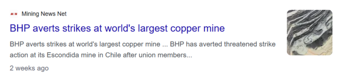 Mining News Net reports BHP has averted threatened strike action at Escondida, the world's largest copper mine in Chile.