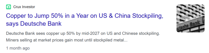 Crux Investor headline: Deutsche Bank forecasts copper prices rising 50% by mid-2027, driven by US and Chinese stockpiling.