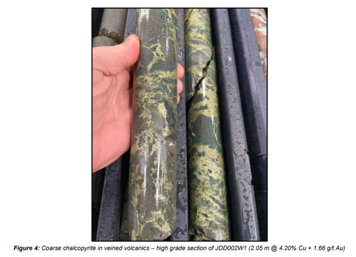 Drill core showing coarse chalcopyrite in veined volcanics at Jukes, grading 2.05m at 4.20% copper and 1.66g/t gold.