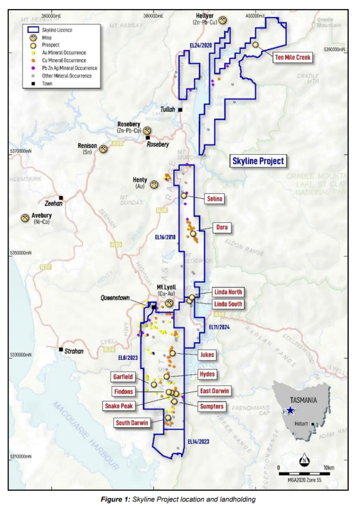 Map of Skyline Project tenements in western Tasmania, showing Jukes, Hydes and other prospects near Mt Lyell and Queenstown.