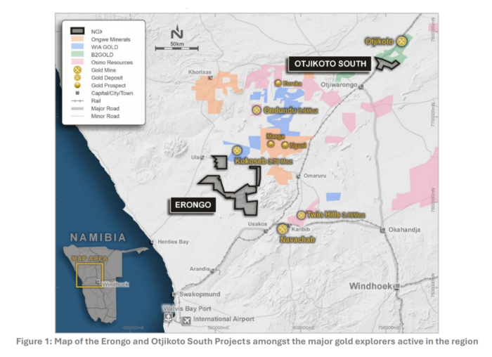 Map of Namibia showing the Erongo and Otjikoto South gold projects alongside nearby mines, deposits and exploration licences.