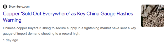 Bloomberg reports Chinese copper buyers are scrambling for supply, pushing a key import demand indicator to a record high.