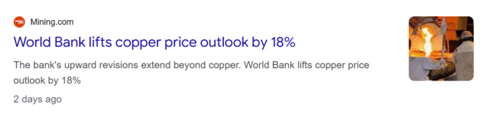 Mining.com reports the World Bank has raised its copper price outlook by 18%, alongside upward revisions for other commodities.