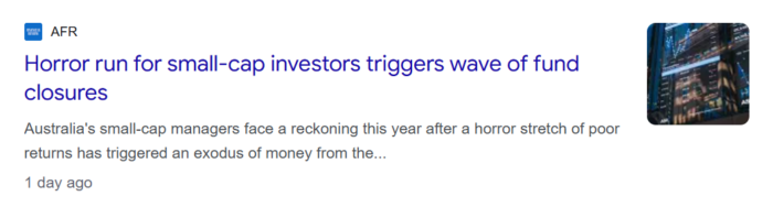 AFR reports poor small-cap investment returns are driving investor withdrawals and a wave of fund closures across Australia.